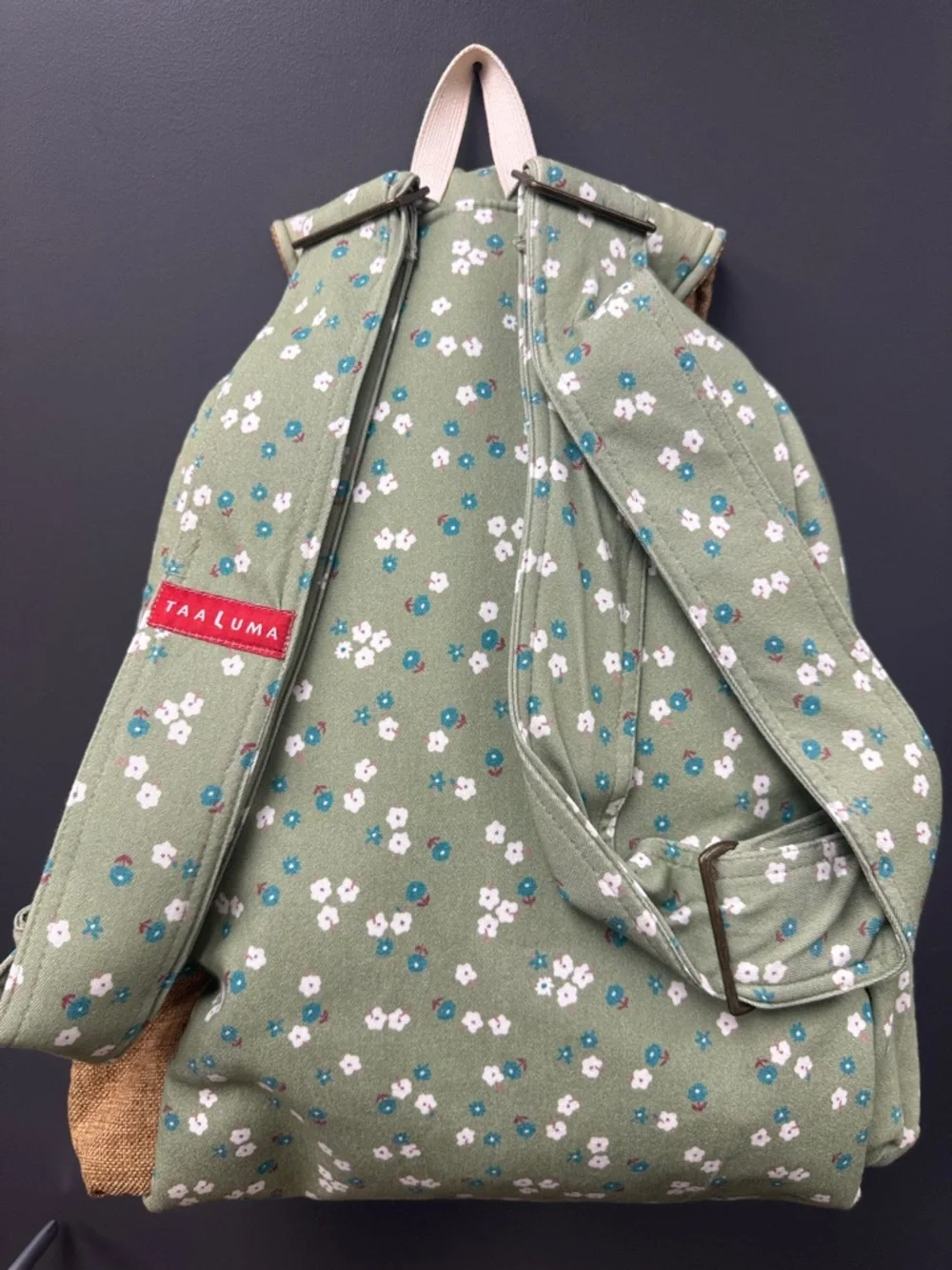 Taalum Olive Floral Canvas Drawstring Backpack